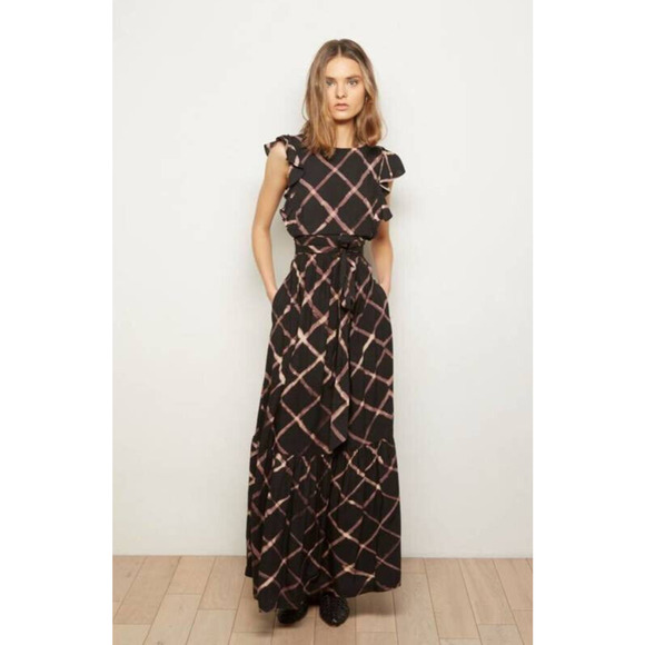 The Odells Seville Ruffle Maxi Dress Printed Tie Belt Pockets Black Size Small - Picture 3 of 16